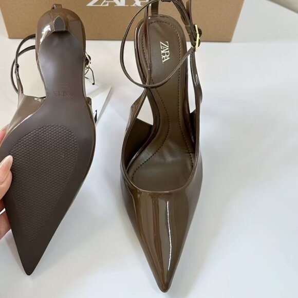 👠 ZARA BROWN Patent Strappy Slingback Kitten Heels - Pointed Toe Pumps! - Picture 2 of 2